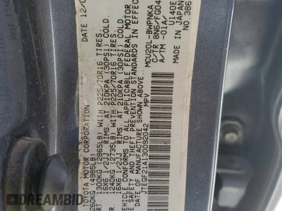 2003 Toyota Highlander с VIN JTEGF21A130092042, выставлен на аукционе Copart как лот 65445115 с пробегом 162 691 миль миль и Списание • Salvage title. История ставок и продаж доступна на DreamBid. Изображение 13.