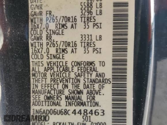 2008 Nissan Frontier SE with VIN 1N6AD06U68C448463, listed as a Copart auction lot 56350155 with 205,262 mi miles and Salvage title. Bid and sale history available at DreamBid. Image 12.