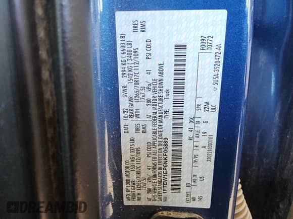 2022 Ford F-150 XL с VIN 1FTEW1EP6NKF05889, выставлен на аукционе Copart как лот 71953805 с пробегом 93 039 миль миль и Чистый • Clean title. История ставок и продаж доступна на DreamBid. Изображение 12.