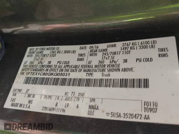 2016 Ford F-150 XL z VIN 1FTEX1C80GKG05031, wystawiony jako IAAI lot #42605574 z przebiegiem Nie podano mil oraz . Historia ofert i sprzedaży dostępna na DreamBid. Obrazek 9.