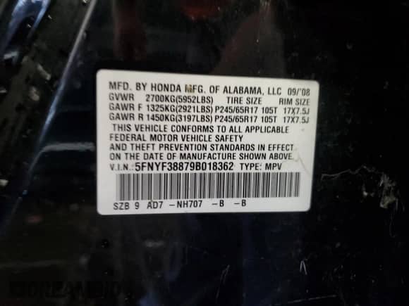 2009 Honda Pilot Touring with VIN 5FNYF38879B018362, listed as a Copart auction lot 63767695 with Not provided miles and Salvage title. Bid and sale history available at DreamBid. Image 13.