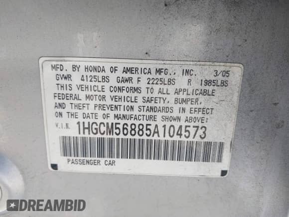 2005 Honda Accord EX-L with VIN 1HGCM56885A104573, listed as a IAAI auction lot 42832202 with 223,109 mi miles and . Bid and sale history available at DreamBid. Image 9.
