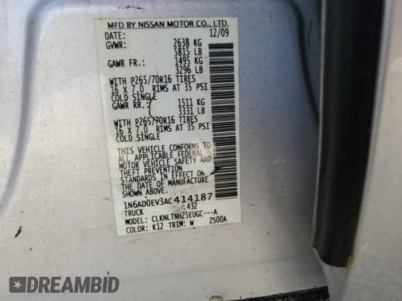 2010 Nissan Frontier LE with VIN 1N6AD0EV3AC414187, listed as a Copart auction lot 65335065 with 185,773 mi miles and Clean title. Bid and sale history available at DreamBid. Image 12.