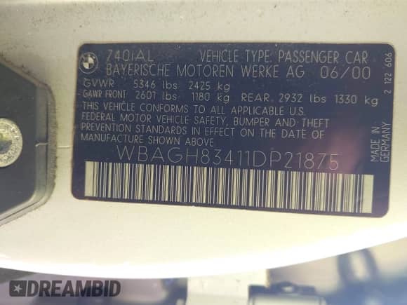 2001 BMW 7 Series 740iL с VIN WBAGH83411DP21875, выставлен на аукционе IAAI как лот 43290518 с пробегом 209 264 миль миль и . История ставок и продаж доступна на DreamBid. Изображение 9.