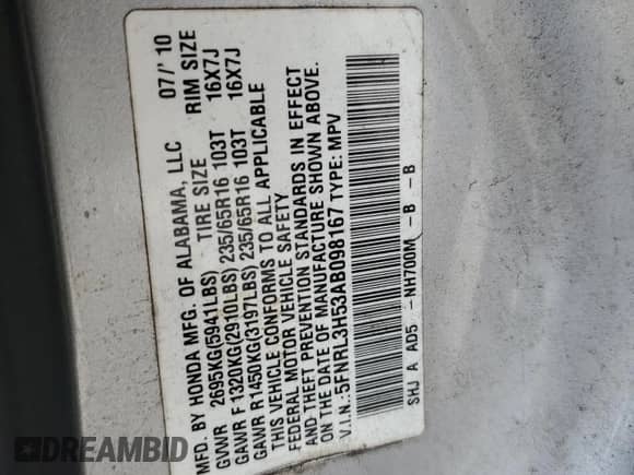 2010 Honda Odyssey EX с VIN 5FNRL3H53AB098167, выставлен на аукционе Copart как лот 69435675 с пробегом 232 541 миль миль и Списание • Salvage title. История ставок и продаж доступна на DreamBid. Изображение 14.