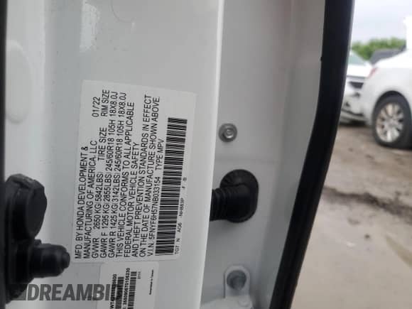 2022 Honda Pilot EX-L with VIN 5FNYF6H57NB033154, listed as a Copart auction lot 63794915 with 40,525 mi miles and Salvage title. Bid and sale history available at DreamBid. Image 12.