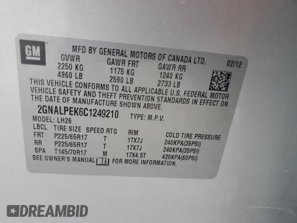 2012 Chevrolet Equinox 2LT with VIN 2GNALPEK6C1249210, listed as a Copart auction lot 81003535 with 232,703 mi miles and Clean title. Bid and sale history available at DreamBid. Image 13.