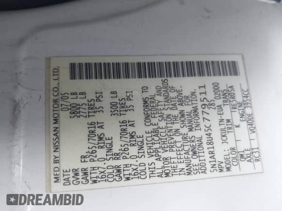 2005 Nissan Pathfinder LE with VIN 5N1AR18U45C779511, listed as a IAAI auction lot 41251437 with 170,728 mi miles and . Bid and sale history available at DreamBid. Image 9.