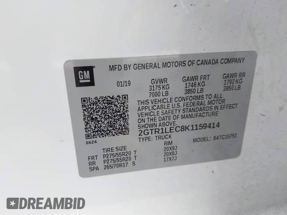 2019 GMC Sierra 1500 с VIN 2GTR1LEC8K1159414, выставлен на аукционе IAAI как лот 43179700 с пробегом 174 845 миль миль и . История ставок и продаж доступна на DreamBid. Изображение 9.