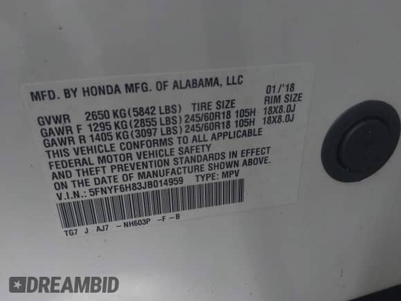 2018 Honda Pilot EX-L z VIN 5FNYF6H83JB014959, wystawiony jako IAAI lot #43025839 z przebiegiem 170 553 mil mil oraz . Historia ofert i sprzedaży dostępna na DreamBid. Obrazek 9.