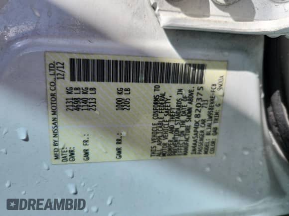 2013 Nissan Maxima SV with VIN 1N4AA5AP4DC820375, listed as a Copart auction lot 84957855 with 140,746 mi miles and Salvage title. Bid and sale history available at DreamBid. Image 12.