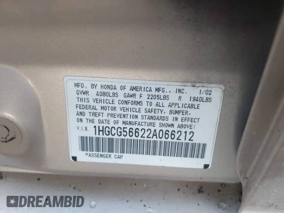 2002 Honda Accord EX with VIN 1HGCG56622A066212, listed as a IAAI auction lot 42266532 with 188,356 mi miles and . Bid and sale history available at DreamBid. Image 9.