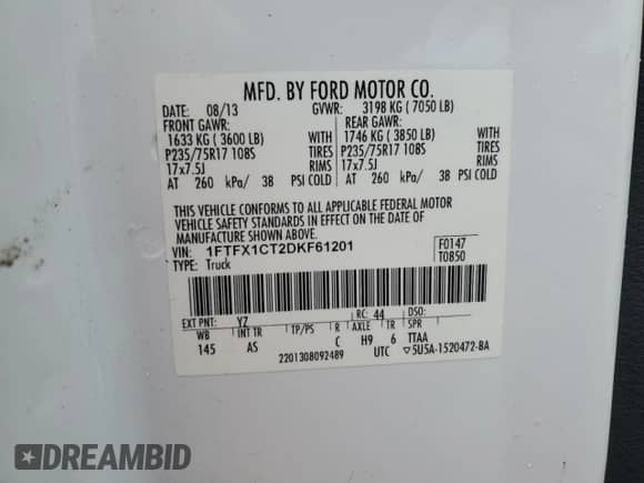 2013 Ford F-150 XL с VIN 1FTFX1CT2DKF61201, выставлен на аукционе Copart как лот 58761215 с пробегом Не указан миль и Списание • Salvage title. История ставок и продаж доступна на DreamBid. Изображение 12.