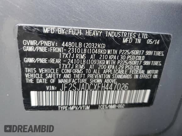 2015 Subaru Forester Premium z VIN JF2SJADCXFH447026, wystawiony jako Copart lot #82338595 z przebiegiem 114 037 mil mil oraz Szkoda całkowita • Salvage title. Historia ofert i sprzedaży dostępna na DreamBid. Obrazek 14.