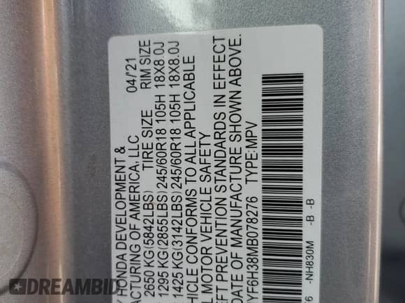 2021 Honda Pilot EX with VIN 5FNYF6H38MB078276, listed as a Copart auction lot 70667215 with 75,585 mi miles and Salvage title. Bid and sale history available at DreamBid. Image 14.
