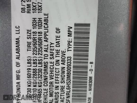 2021 Honda Odyssey EX с VIN 5FNRL6H53MB009333, выставлен на аукционе Copart как лот 85901755 с пробегом 73 541 миль миль и Списание • Salvage title. История ставок и продаж доступна на DreamBid. Изображение 14.