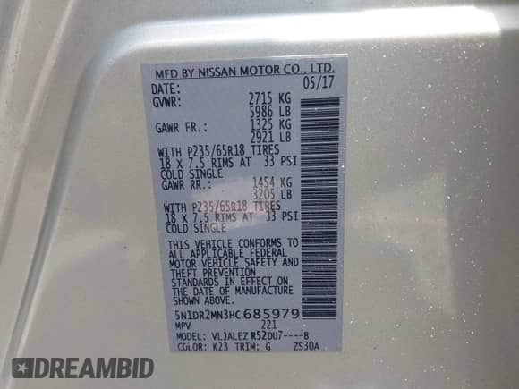 2017 Nissan Pathfinder S z VIN 5N1DR2MN3HC685979, wystawiony jako IAAI lot #42599517 z przebiegiem 125 169 mil mil oraz . Historia ofert i sprzedaży dostępna na DreamBid. Obrazek 9.