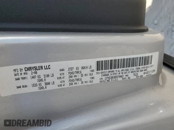 2008 Dodge Dakota SXT with VIN 1D7HE38K98S570063, listed as a Copart auction lot 87437695 with 163,645 mi miles and Clean title. Bid and sale history available at DreamBid. Image 12.