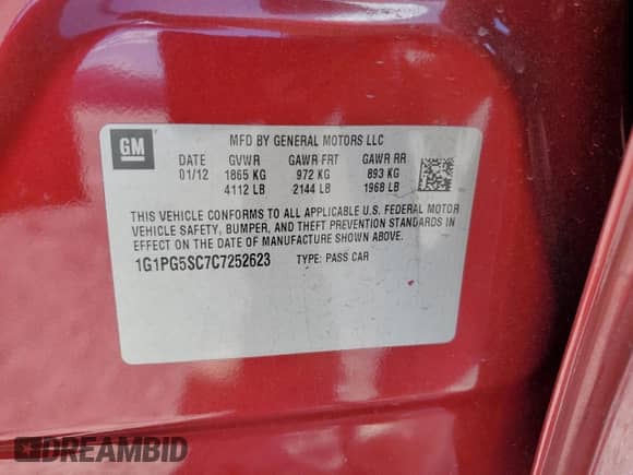 2012 Chevrolet Cruze 2LT z VIN 1G1PG5SC7C7252623, wystawiony jako Copart lot #84552125 z przebiegiem Nie podano mil oraz Szkoda całkowita • Salvage title. Historia ofert i sprzedaży dostępna na DreamBid. Obrazek 12.