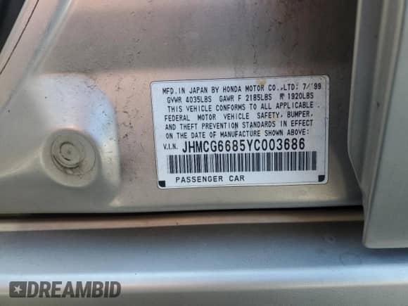 2000 Honda Accord EX z VIN JHMCG6685YC003686, wystawiony jako Copart lot #51540365 z przebiegiem 190 406 mil mil oraz Szkoda całkowita • Salvage title. Historia ofert i sprzedaży dostępna na DreamBid. Obrazek 12.