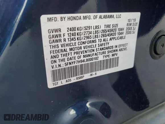 2020 Honda Passport Touring with VIN 5FNYF7H94LB000182, listed as a Copart auction lot 42665365 with 58,051 mi miles and Salvage title. Bid and sale history available at DreamBid. Image 13.