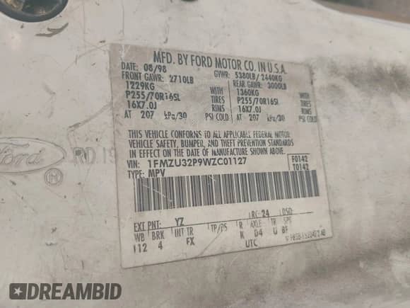 1998 Ford Explorer XLT с VIN 1FMZU32P9WZC01127, выставлен на аукционе IAAI как лот 42310558 с пробегом Не указан миль и . История ставок и продаж доступна на DreamBid. Изображение 9.