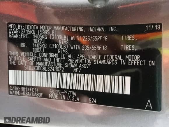 2020 Toyota Sienna LE with VIN 5TDJZ3DC8LS243072, listed as a Copart auction lot 68721255 with 95,069 mi miles and Salvage title. Bid and sale history available at DreamBid. Image 14.