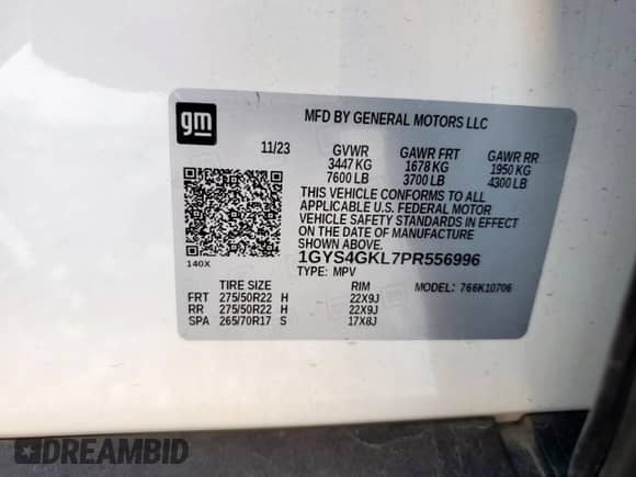 2023 Cadillac Escalade 4WD Sport Platinum with VIN 1GYS4GKL7PR556996, listed as a Copart auction lot 65221755 with 23,747 mi miles and Salvage title. Bid and sale history available at DreamBid. Image 13.