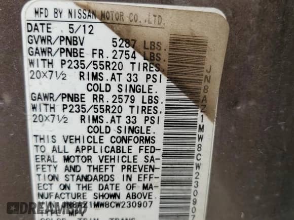 2012 Nissan Murano SL with VIN JN8AZ1MW8CW230907, listed as a Copart auction lot 68218165 with 205,914 mi miles and Salvage title. Bid and sale history available at DreamBid. Image 14.