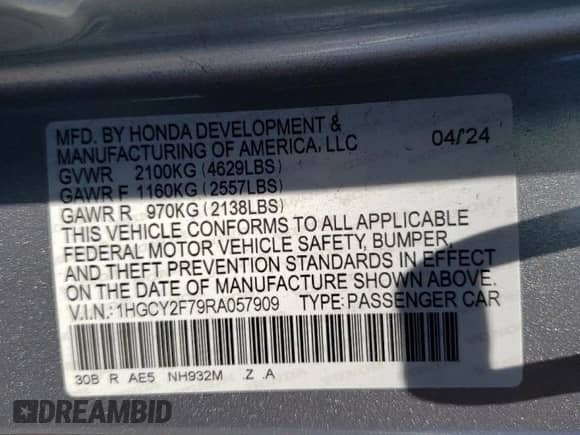 2024 Honda Accord Sport-L with VIN 1HGCY2F79RA057909, listed as a Copart auction lot 57499545 with 15,910 mi miles and Salvage title. Bid and sale history available at DreamBid. Image 12.