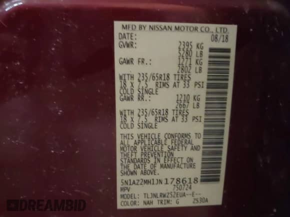 2018 Nissan Murano S z VIN 5N1AZ2MH1JN178618, wystawiony jako IAAI lot #41478946 z przebiegiem 51 065 mil mil oraz . Historia ofert i sprzedaży dostępna na DreamBid. Obrazek 9.