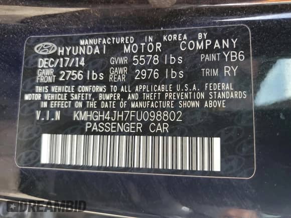 2015 Hyundai Equus Signature с VIN KMHGH4JH7FU098802, выставлен на аукционе Copart как лот 58010805 с пробегом 78 968 миль миль и Списание • Salvage title. История ставок и продаж доступна на DreamBid. Изображение 12.