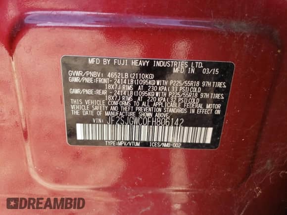 2015 Subaru Forester XT Touring with VIN JF2SJGWC0FH806142, listed as a Copart auction lot 85134235 with 108,917 mi miles and Clean title. Bid and sale history available at DreamBid. Image 13.