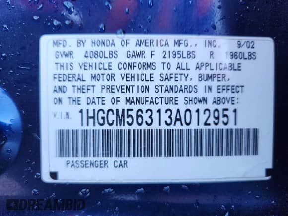 2003 Honda Accord LX with VIN 1HGCM56313A012951, listed as a Copart auction lot 87306655 with 136,675 mi miles and Salvage title. Bid and sale history available at DreamBid. Image 12.