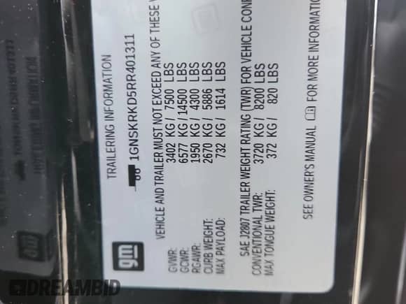 2024 Chevrolet Tahoe RST z VIN 1GNSKRKD5RR401311, wystawiony jako Copart lot #71183275 z przebiegiem 9 846 mil mil oraz Szkoda całkowita • Salvage title. Historia ofert i sprzedaży dostępna na DreamBid. Obrazek 14.