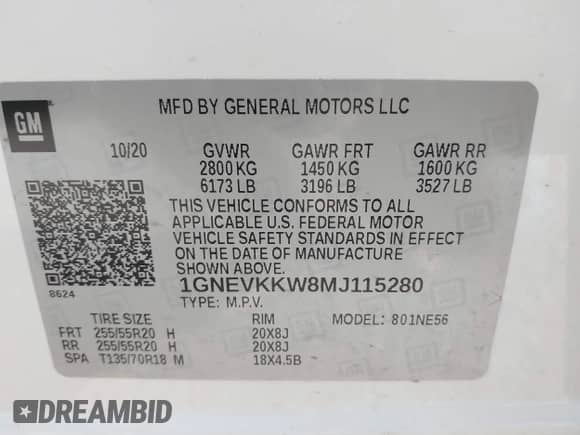 2021 Chevrolet Traverse Premier with VIN 1GNEVKKW8MJ115280, listed as a IAAI auction lot 41729621 with 43,354 mi miles and . Bid and sale history available at DreamBid. Image 9.