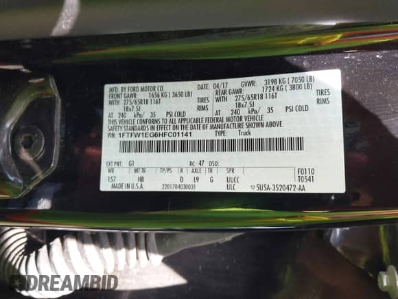 2017 Ford F-150 XL z VIN 1FTFW1EG6HFC01141, wystawiony jako IAAI lot #41860404 z przebiegiem 109 399 mil mil oraz . Historia ofert i sprzedaży dostępna na DreamBid. Obrazek 9.