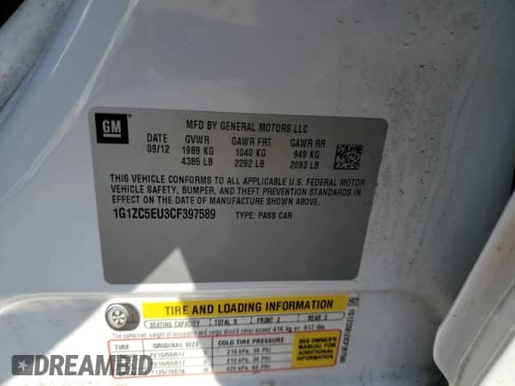 2012 Chevrolet Malibu 1LT z VIN 1G1ZC5EU3CF397589, wystawiony jako Copart lot #90520215 z przebiegiem 87 915 mil mil oraz Nie do naprawy • Non repairable. Historia ofert i sprzedaży dostępna na DreamBid. Obrazek 12.