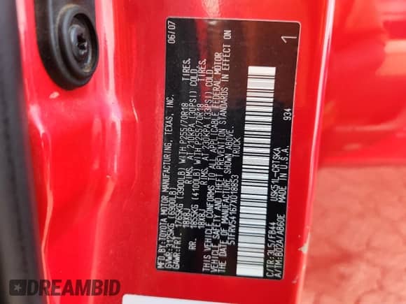 2007 Toyota Tundra SR5 z VIN 5TFRV54167X018853, wystawiony jako Copart lot #83993685 z przebiegiem 216 628 mil mil oraz Szkoda całkowita • Salvage title. Historia ofert i sprzedaży dostępna na DreamBid. Obrazek 13.