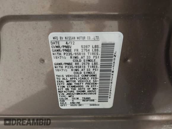 2012 Nissan Murano S с VIN JN8AZ1MW3CW229809, выставлен на аукционе IAAI как лот 42874634 с пробегом 111 047 миль миль и . История ставок и продаж доступна на DreamBid. Изображение 9.