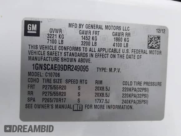 2013 Chevrolet Tahoe LS z VIN 1GNSCAE09DR249095, wystawiony jako IAAI lot #41290129 z przebiegiem Nie podano mil oraz . Historia ofert i sprzedaży dostępna na DreamBid. Obrazek 9.