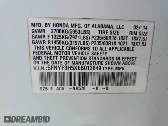 2014 Honda Pilot EX-L with VIN 5FNYF3H5XEB013849, listed as a Copart auction lot 69325505 with 111,728 mi miles and Non repairable. Bid and sale history available at DreamBid. Image 15.