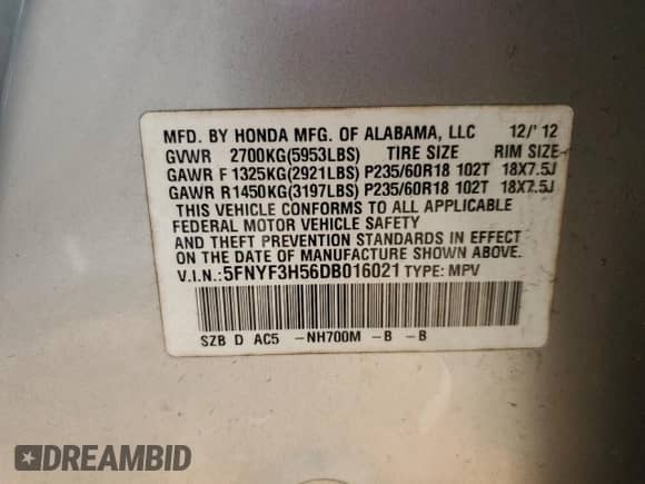 2013 Honda Pilot EX-L with VIN 5FNYF3H56DB016021, listed as a Copart auction lot 57233755 with 174,127 mi miles and Salvage title. Bid and sale history available at DreamBid. Image 13.