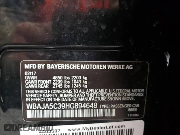 2017 BMW 5 Series 530i с VIN WBAJA5C39HG894648, выставлен на аукционе Copart как лот 87414805 с пробегом Не указан миль и Чистый • Clean title. История ставок и продаж доступна на DreamBid. Изображение 12.