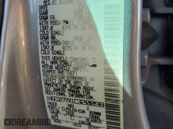 2001 Nissan Frontier SE with VIN 1N6ED27YX1C320098, listed as a Copart auction lot 85301624 with 140,756 mi miles and Salvage title. Bid and sale history available at DreamBid. Image 12.