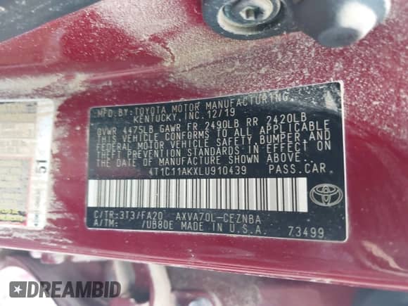 2020 Toyota Camry LE z VIN 4T1C11AKXLU910439, wystawiony jako IAAI lot #42723450 z przebiegiem Nie podano mil oraz . Historia ofert i sprzedaży dostępna na DreamBid. Obrazek 9.