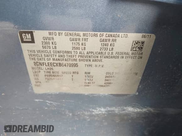 2011 Chevrolet Equinox 1LT with VIN 2CNFLEECXB6470995, listed as a IAAI auction lot 43112092 with Not provided miles and . Bid and sale history available at DreamBid. Image 9.