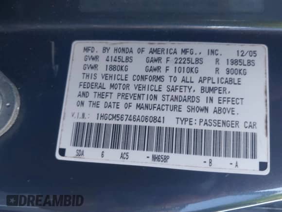 2006 Honda Accord EX z VIN 1HGCM56746A060841, wystawiony jako IAAI lot #43458284 z przebiegiem 173 660 mil mil oraz . Historia ofert i sprzedaży dostępna na DreamBid. Obrazek 9.