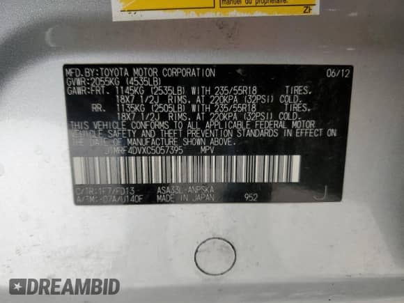 2012 Toyota RAV4 Sport with VIN JTMRF4DVXC5057395, listed as a Copart auction lot 82294555 with 205,112 mi miles and Clean title. Bid and sale history available at DreamBid. Image 13.