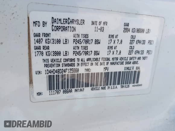 2004 Dodge Durango SLT z VIN 1D4HD48D24F125660, wystawiony jako IAAI lot #42012767 z przebiegiem 217 577 mil mil oraz . Historia ofert i sprzedaży dostępna na DreamBid. Obrazek 9.